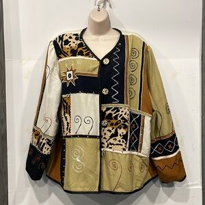 Vintage Indigo Moon Womens Jacket XL West African‎ mudcloth inspired Embroidered
